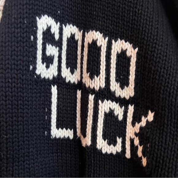 MR. SATURDAY Cardigan Knit Open Front GOOD LUCK Graphic Black Cream - Picture 7 of 8